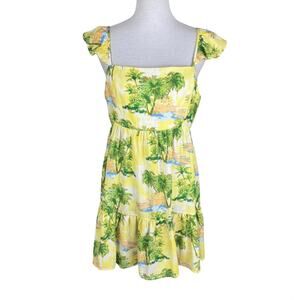 Flying Tomato NWT Yellow Tropical Palm Tree Babydoll Mini Beachy Vacation Dress